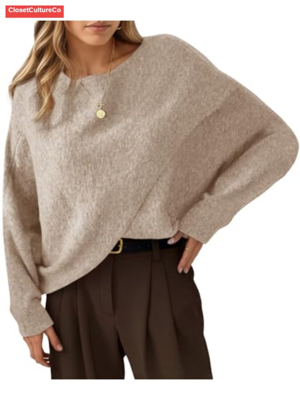 Oversized Batwing Sweater Crew Neck Asymmetrical Knit Pullover